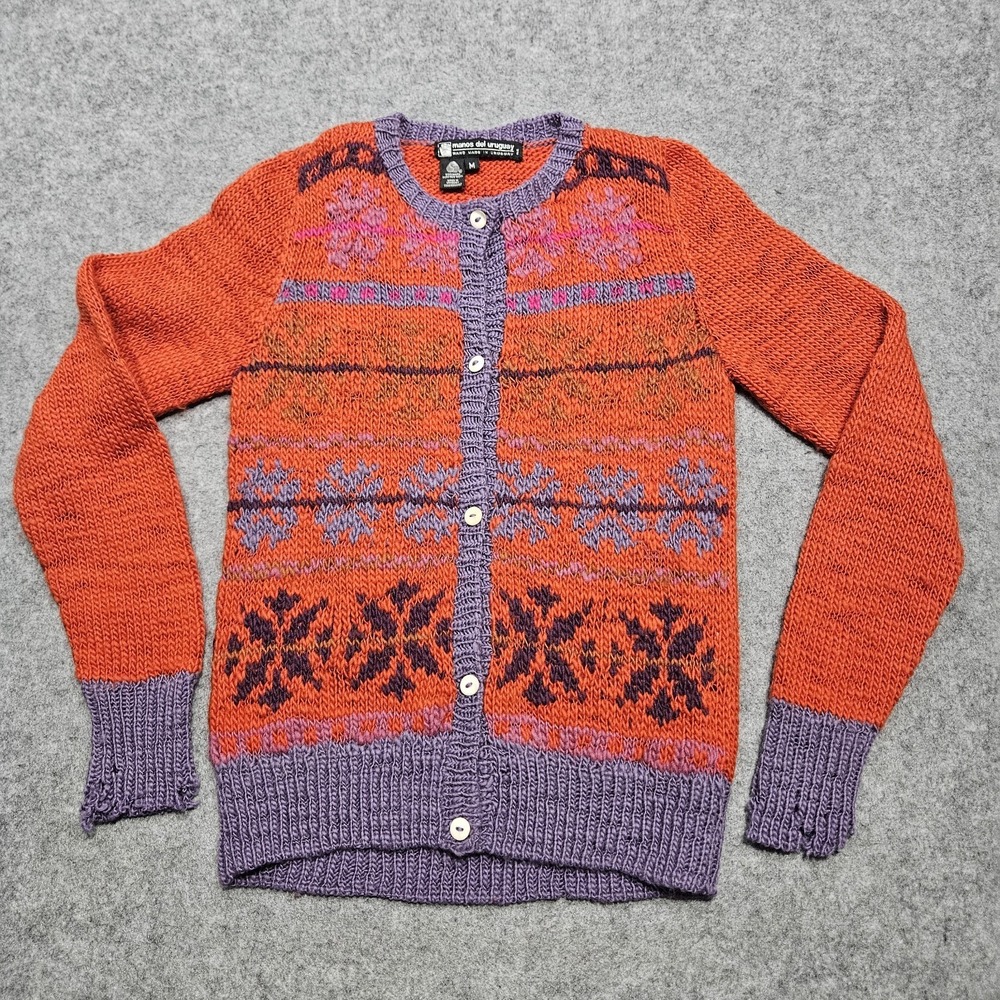 VTG Handmade Wool Cardigan‎ Uruguay Women's Size M Hand Knit BOHO Knit *Flaw